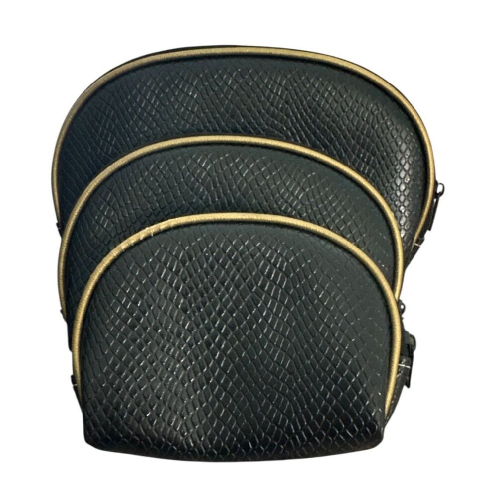 Set Of 3 Black Faux Leather Snake Print Nesting Cosmetic & Travel Bags